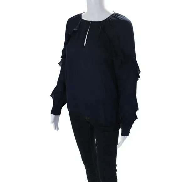Parker Womens Silk Key Hole Neck Long Sleeves Blouse Navy Blue Size Extra Small - Picture 2 of 6